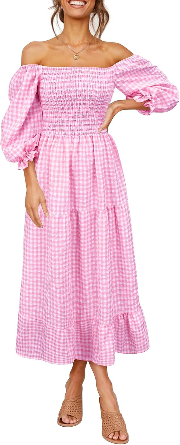 UIMLK Women's Boho Flowy Cottagecore Puff Sleeve Off The Shoulder Summer Casual Plaid Ruffle Midi... | Amazon (US)