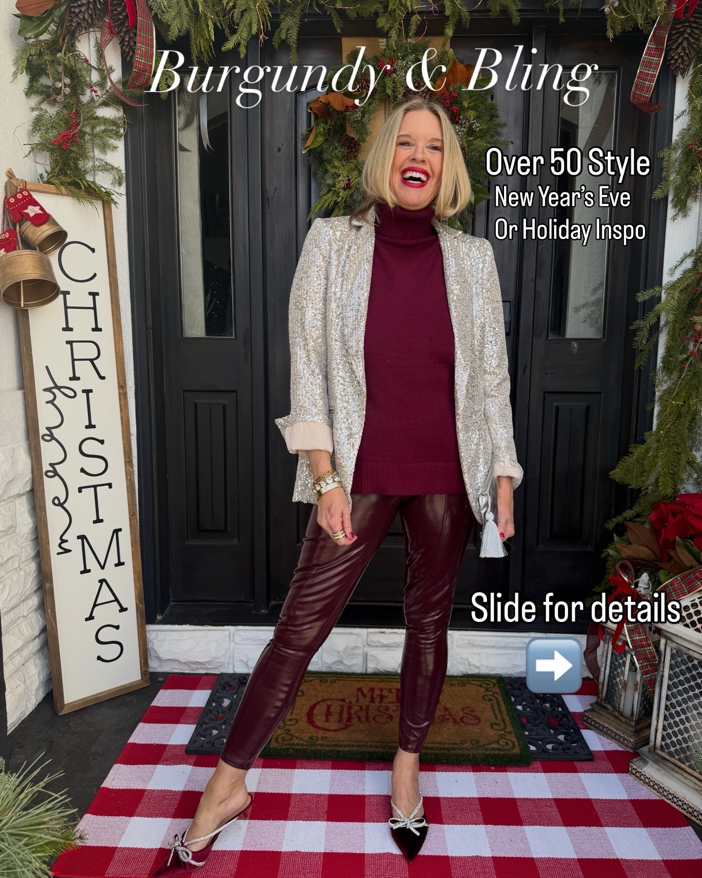 ✨Burgundy & Bling✨

—Over 50 Style—
New Year’s Eve 
Or Holiday Inspo 

➡️Slide for more details

✨Mixing
Splurge & Save items to create a striking color combo✨ 

-A Amazon Find Sweater - cap sleeve turtleneck sweater✔️tts 

-Kicking it up
For $35 shoes 
Tts 

-Faux leather pants
For the win (mine are spans and old linked similar) 

-Sequin Blazer
Mines Gibsonlook, save 10% with code DARCY10 
tts and I linked other options 

- Silver metallic Clutch with a tassel by quilted koala $35 and save 20% with code DARCY20

Great gift ideas too!


#colorcombo #burgundycolor #sequinblazer


#LTKHoliday #LTKOver40 #LTKSaleAlert