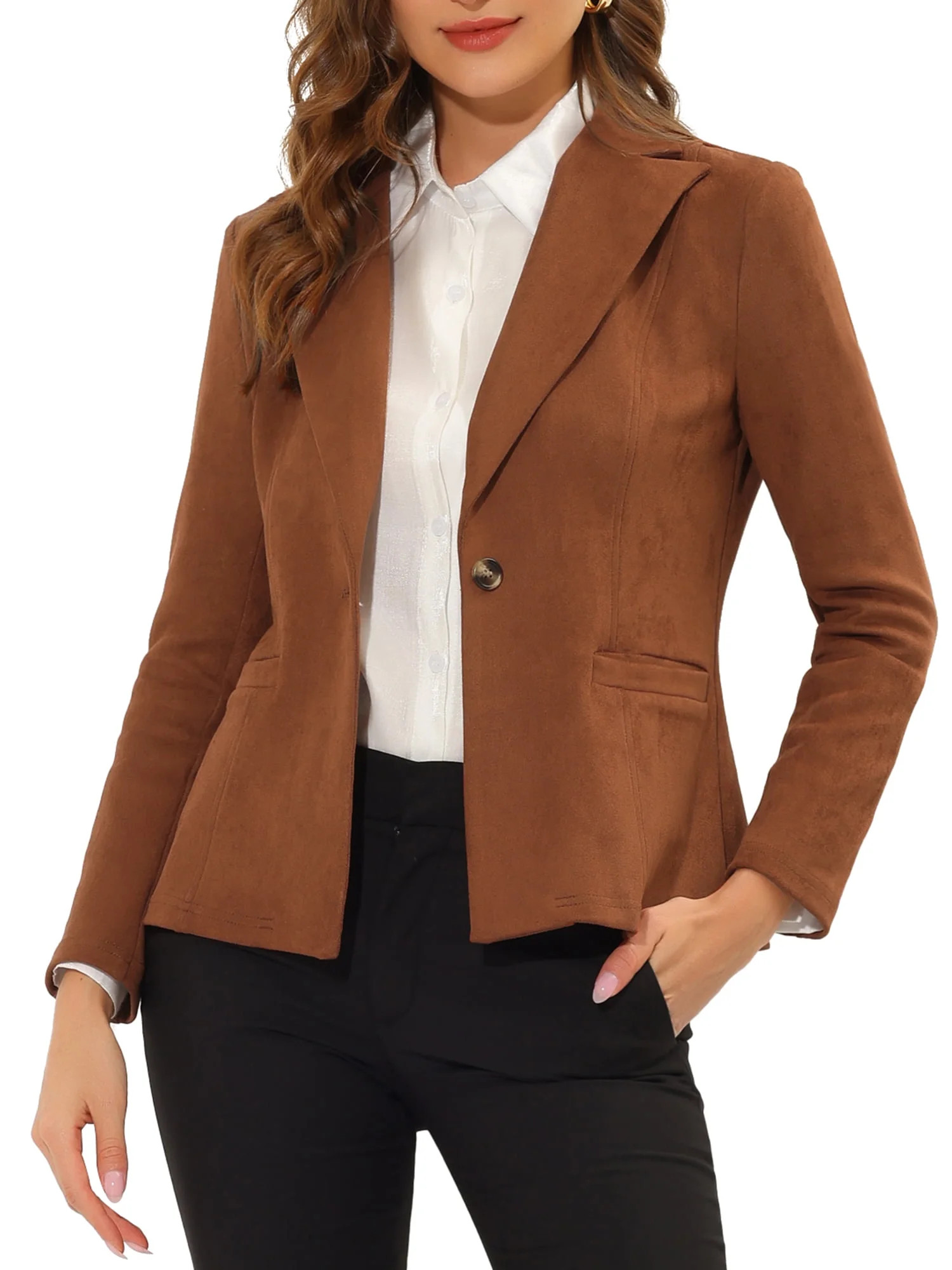 INSPIRE CHIC Women's Faux Suede Blazer Lapel Collar Long Sleeves Wear-to-Work Jacket M Caramel | Walmart (US)