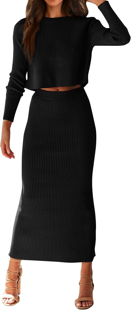 PRETTYGARDEN Women's Fall 2 Piece Sweater Set Rib Knit Long Sleeve Crop Top Maxi Bodycon Skirt Ca... | Amazon (US)