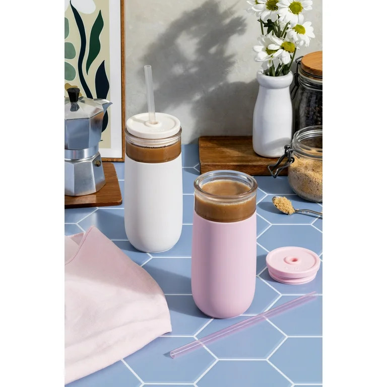Ello Avery 18oz Glass Tumbler with Straw & Silicone Sleeve, Pink | Walmart (US)