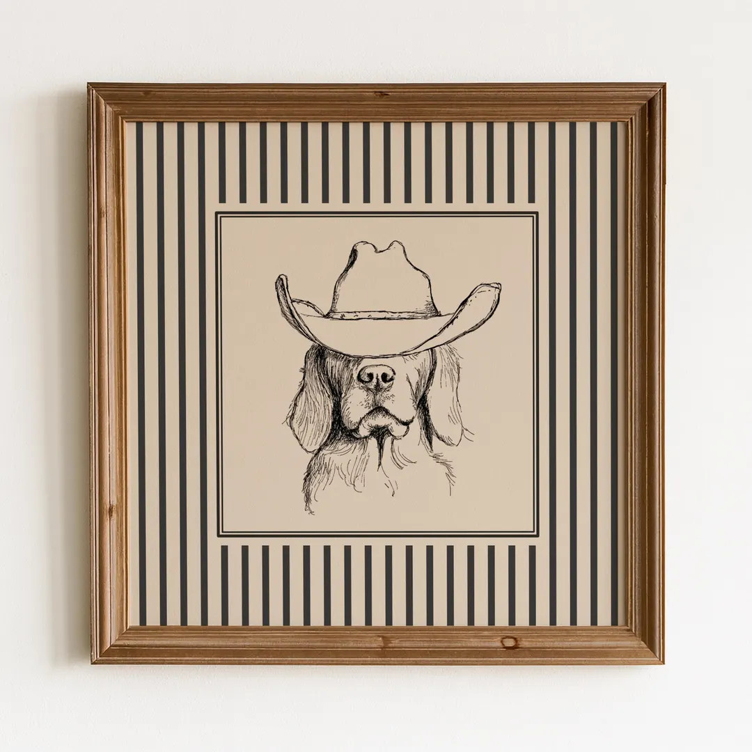 Western Cowboy Dog Wall Art – Cool Dog Illustration With Striped Border, Western Statement Deco... | Etsy (US)