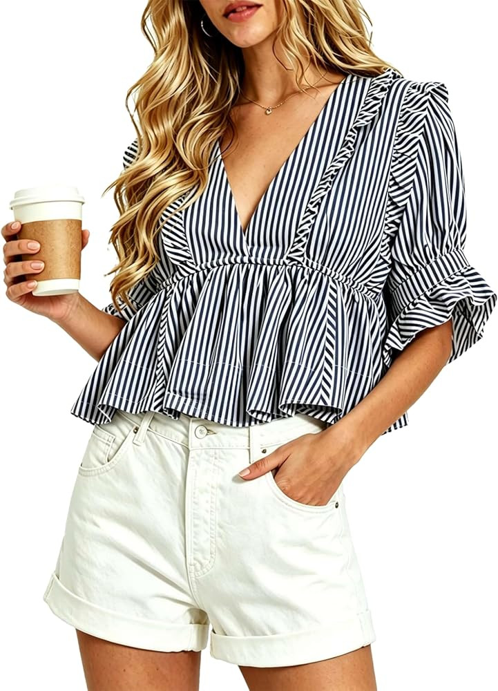 Bozanly Womens Summer Tops 2026 Deep V Neck Puff Short Sleeve Ruffled Cropped Striped Shirts | Amazon (US)