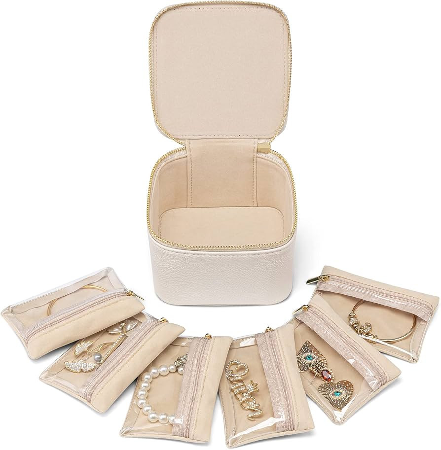 Vlando Small Jewelry Box Organizer,Travel Jewelry Storage with 6 Velvet Jewelry Zipper Pockets,Tr... | Amazon (US)