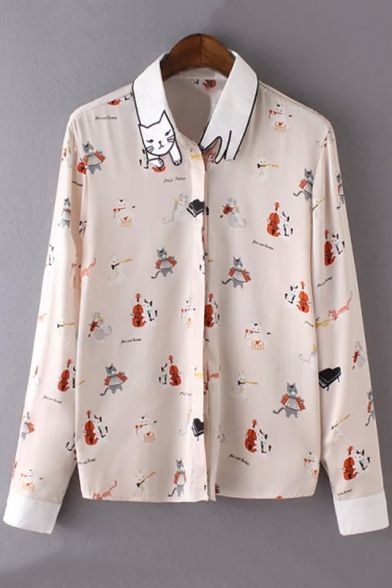 Cat Embroidered Lapel Collar Animal Print Concealed Button Front Long Sleeve Shirt | Beautifulhalo.com
