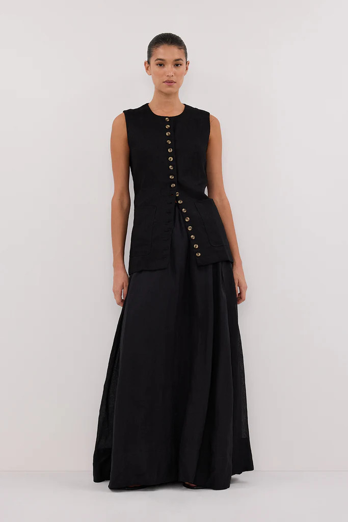 TILLY BLACK LINEN LONGLINE VEST | DISSH
