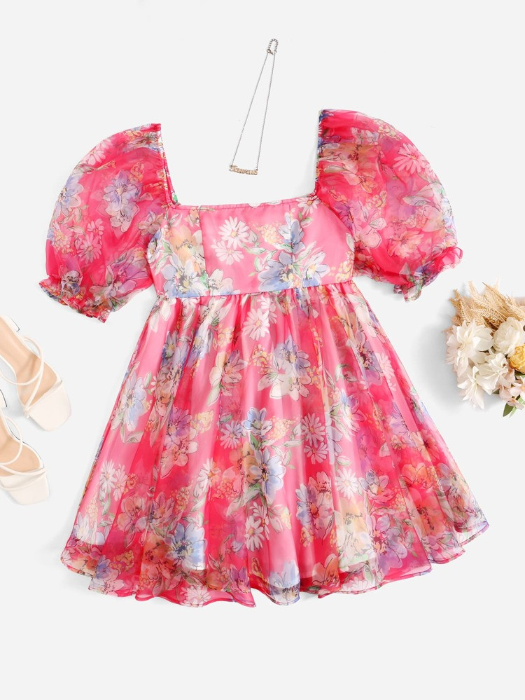 SHEIN Floral Square Neck Puff Sleeve Organza Dress | SHEIN