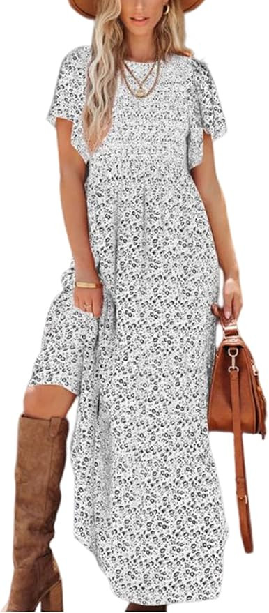 Pretty Garden Womens Floral Summer Casual Flutter Short Sleeve Crew Neck Smocked Tiered Long Dres... | Amazon (US)