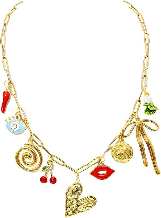 Chunky Gold Charm Necklace for Women DIY Fruit Seashell Beach Charm Necklaces Sun Moon Coins Silv... | Amazon (US)