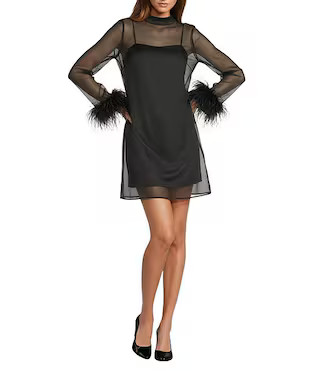 Antonio Melani Olive Long Sleeve Feather Trim Mock Neckline Organza Dress | Dillard's | Dillard's