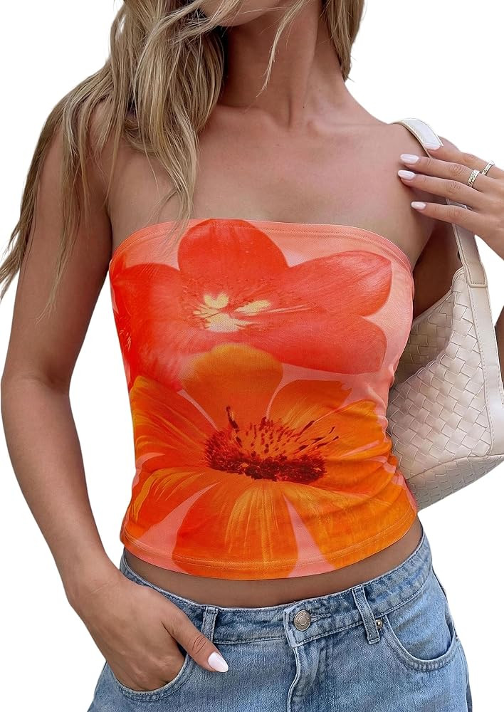 PRETTYGARDEN Tube Tops for Women Summer Floral Going Out Vacation Outfits     Resort Wear, Tropic... | Amazon (US)