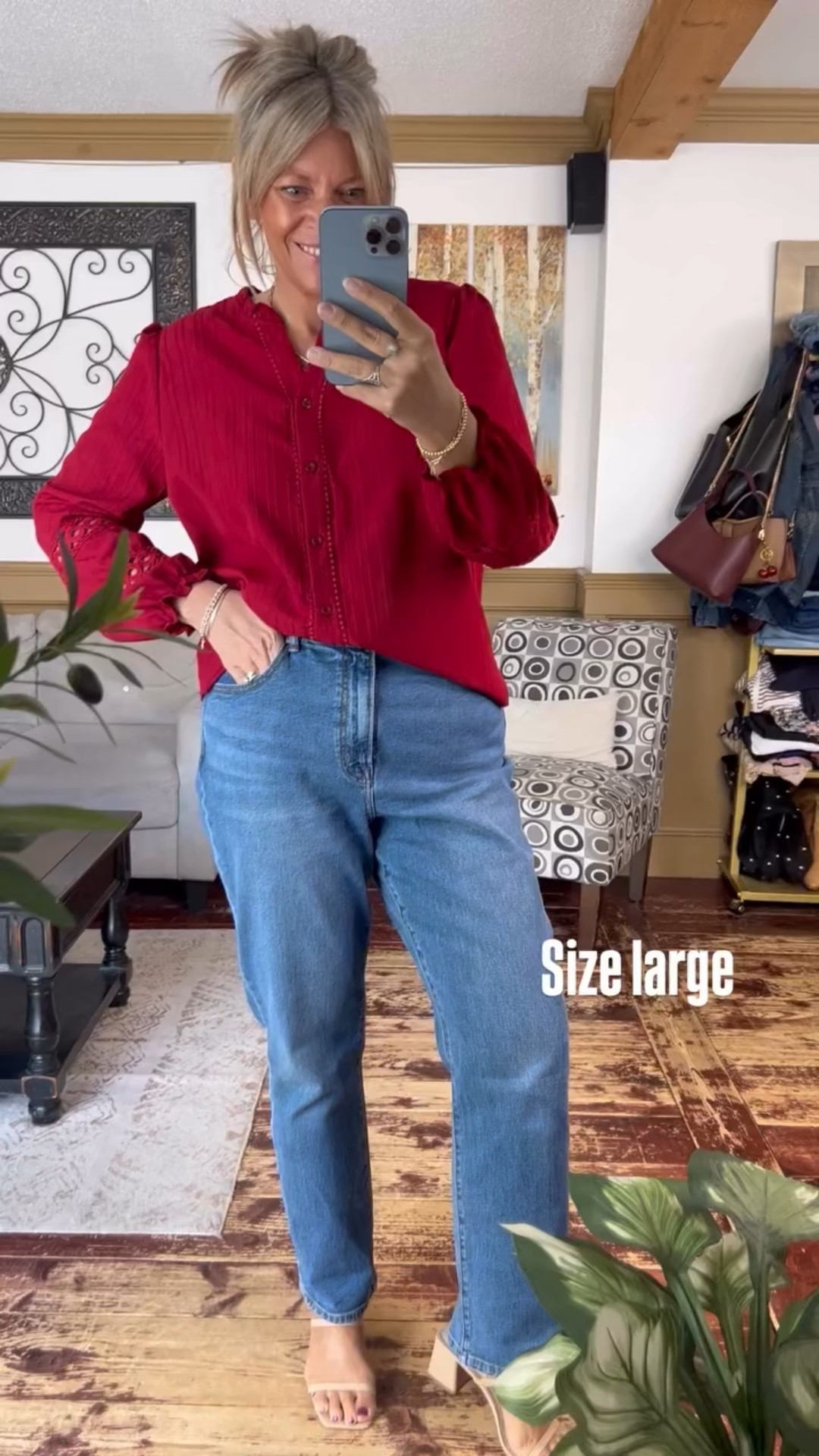 Size large in this lovely blouse with lace inset details; jeans size 14. 

#LTKPlusSize #LTKOver40 #LTKWorkwear