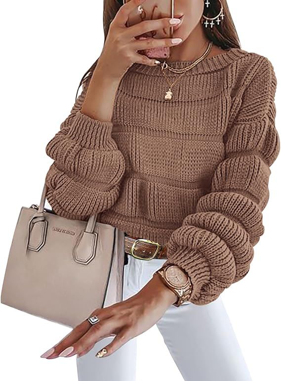 KIRUNDO Womens Sweaters 2023 Fashion Fall Winter Casual Puff Sleeve Crew Neck Loose Soft Chunky K... | Amazon (US)
