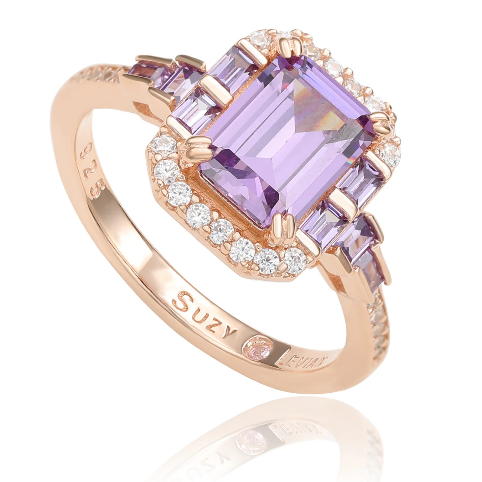 Suzy Levian Rose Sterling Silver Purple Amethyst Emerald Cut Cubic Eng | SUZY LEVIAN