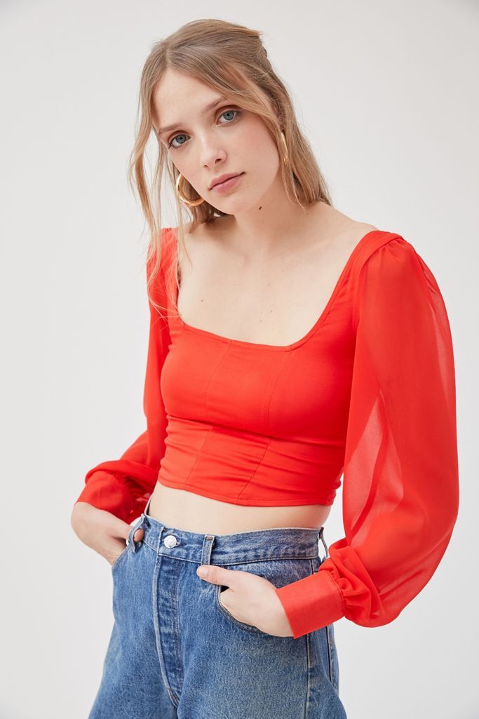 UO Lena Sheer Sleeve Square Neck Blouse | Urban Outfitters (US and RoW)