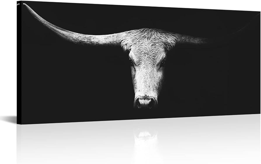 LevvArts Large Size Longhorn Cow Canvas Wall Art Black and White Western Cattle Portrait Photo Pa... | Amazon (US)