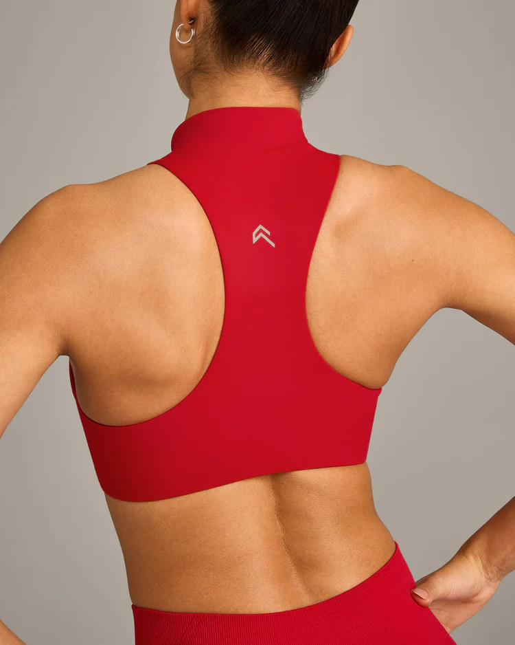 EasyLift™ Zip High Neck Sports Bra with Gray Logo 
 Fiery Red | Oner Active (UK / US)
