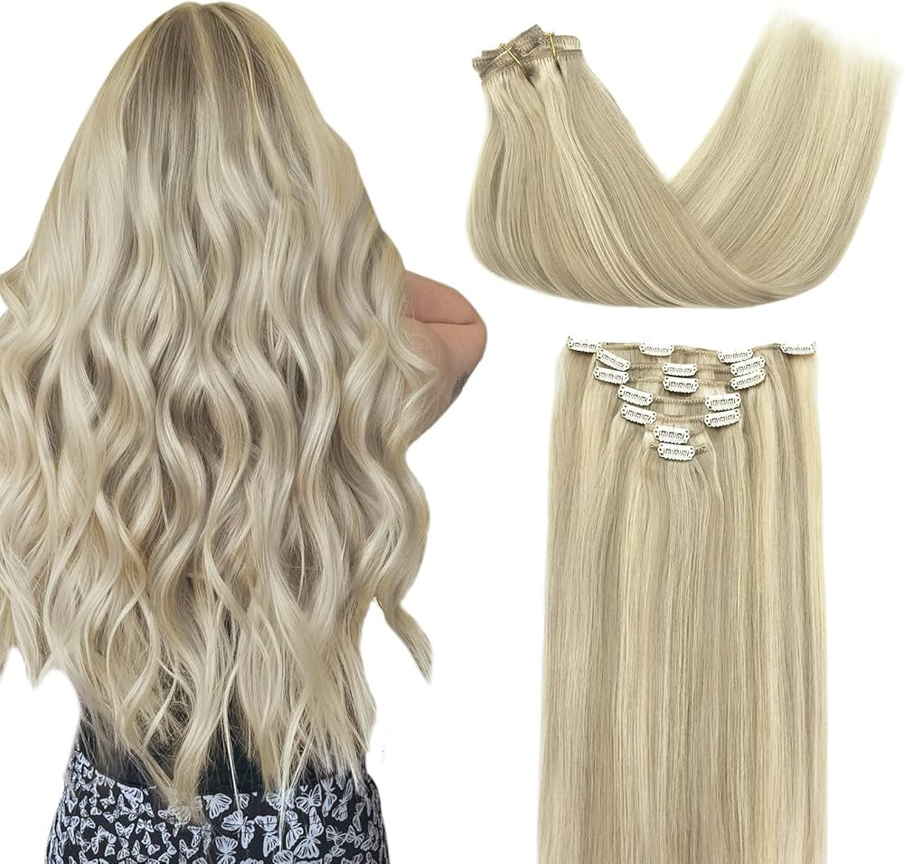 Clip in Hair Extensions Human Hair Balayage Ash Blonde Highlighted Platinum Blonde 120g 7pcs 20 I... | Amazon (US)