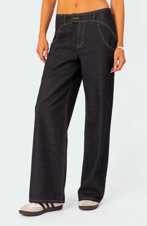 EDIKTED Western Straight Leg Jeans in Dark-Blue at Nordstrom, Size X-Small | Nordstrom