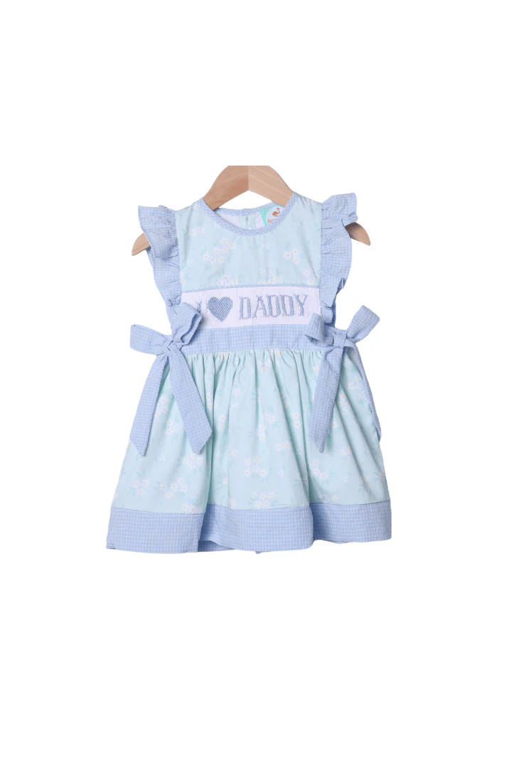 Smocked I Love Daddy Blue and Green Floral Dress | The Smocked Flamingo