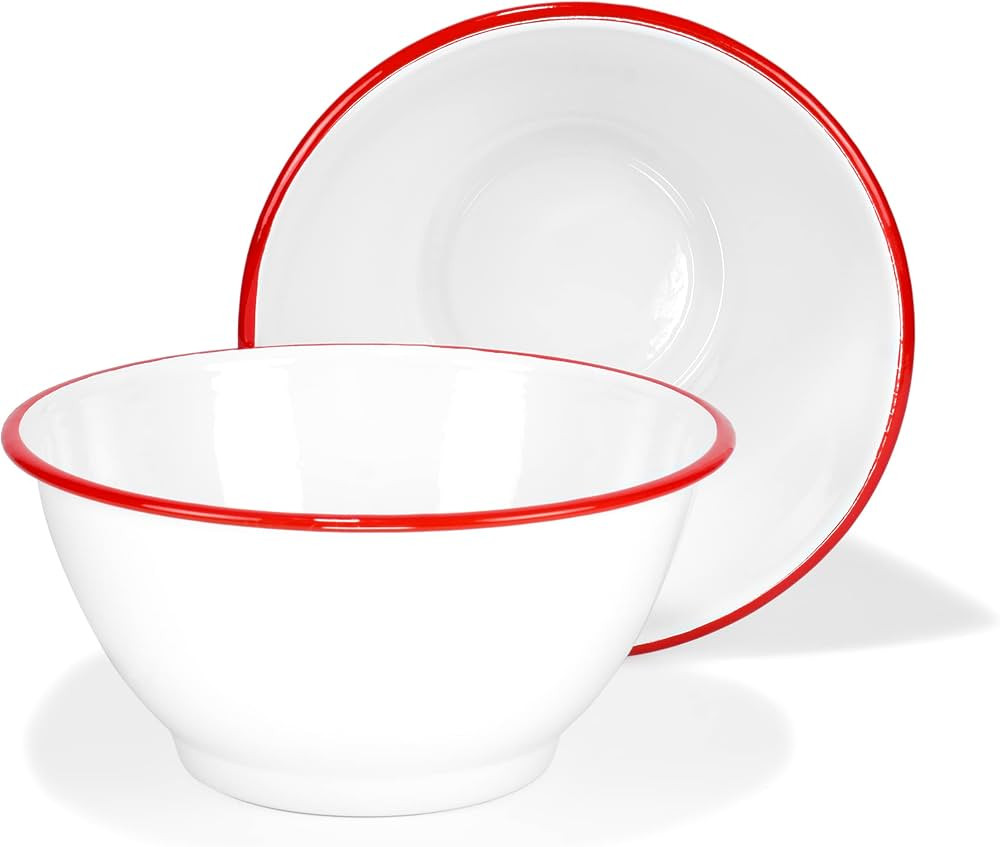 Red Co. Set of 2 Enamelware Metal Large Classic 4 quart Round Salad Serving Bowl, Solid White/Red... | Amazon (US)