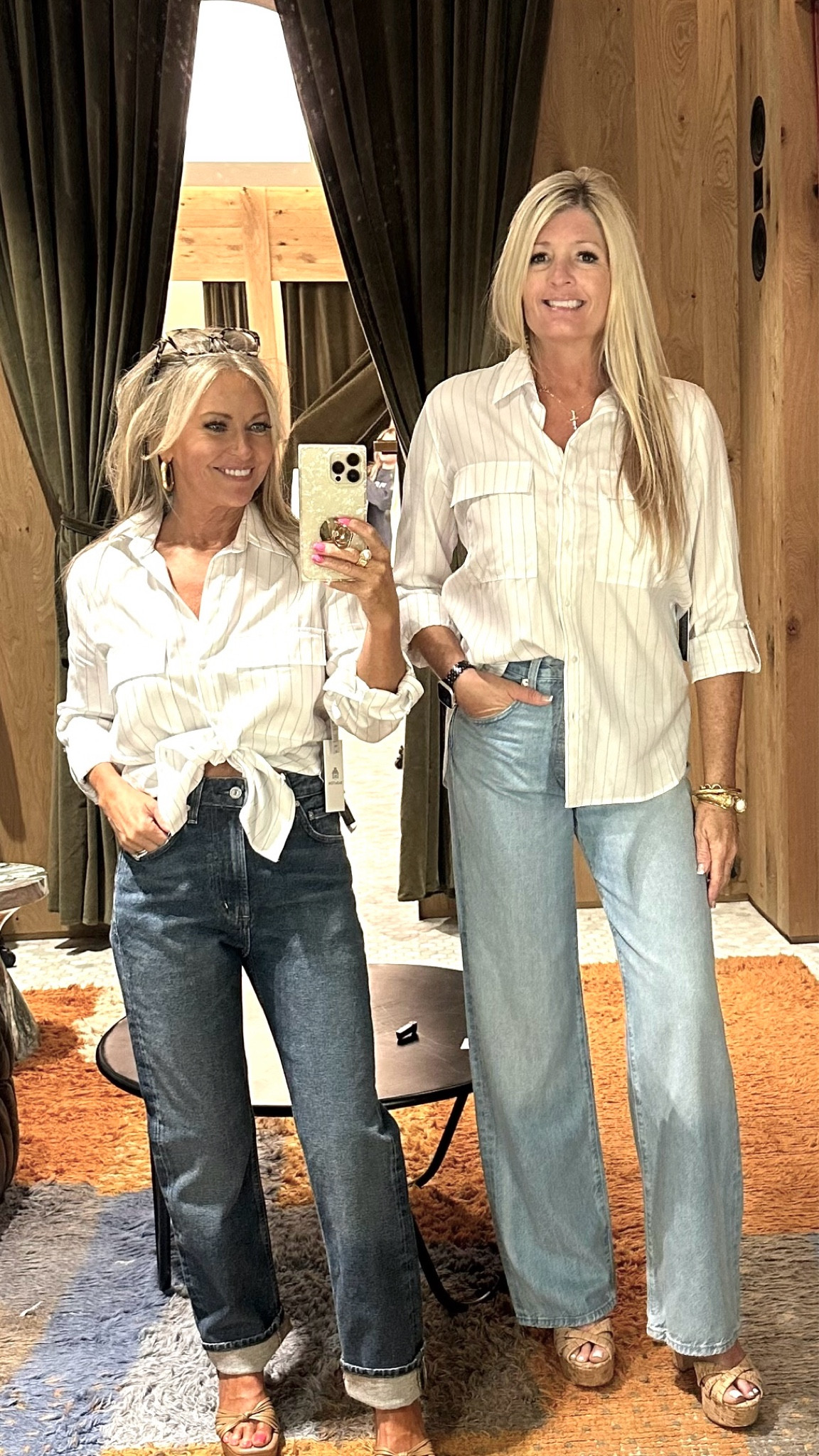Lori is wearing an XS in the Top and a size 25 in the Jeans. 
Leslie is wearing a Medium in the Top and a size 29 in the Jeans  

#LTKover40 #LTKVideo