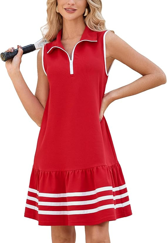YEXPINE Women's Half Zip Polo Dress Sleeveless Collared V-Neck Contrast Ruffle Hem Summer Casual ... | Amazon (US)
