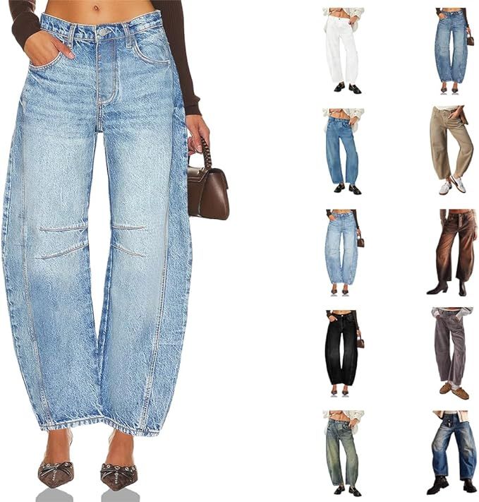 Barrel Jeans for Women, 2024 Spring Summer Baggy Boyfriend Jean，Mid Rise Wide Leg Loose Y2k Cro... | Amazon (US)