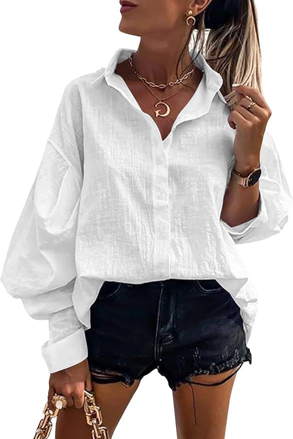 Gafeng Womens Long Sleeve Button Down Linen Shirts Casual Business Loose Fit Balloon Sleeve Work ... | Amazon (US)
