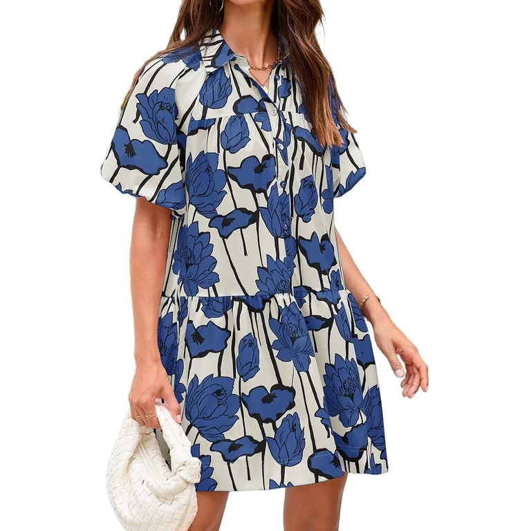 Short Sleeve Women Floral Print Loose Fit Lapel V-neck Casual Mini Dress | Walmart (US)