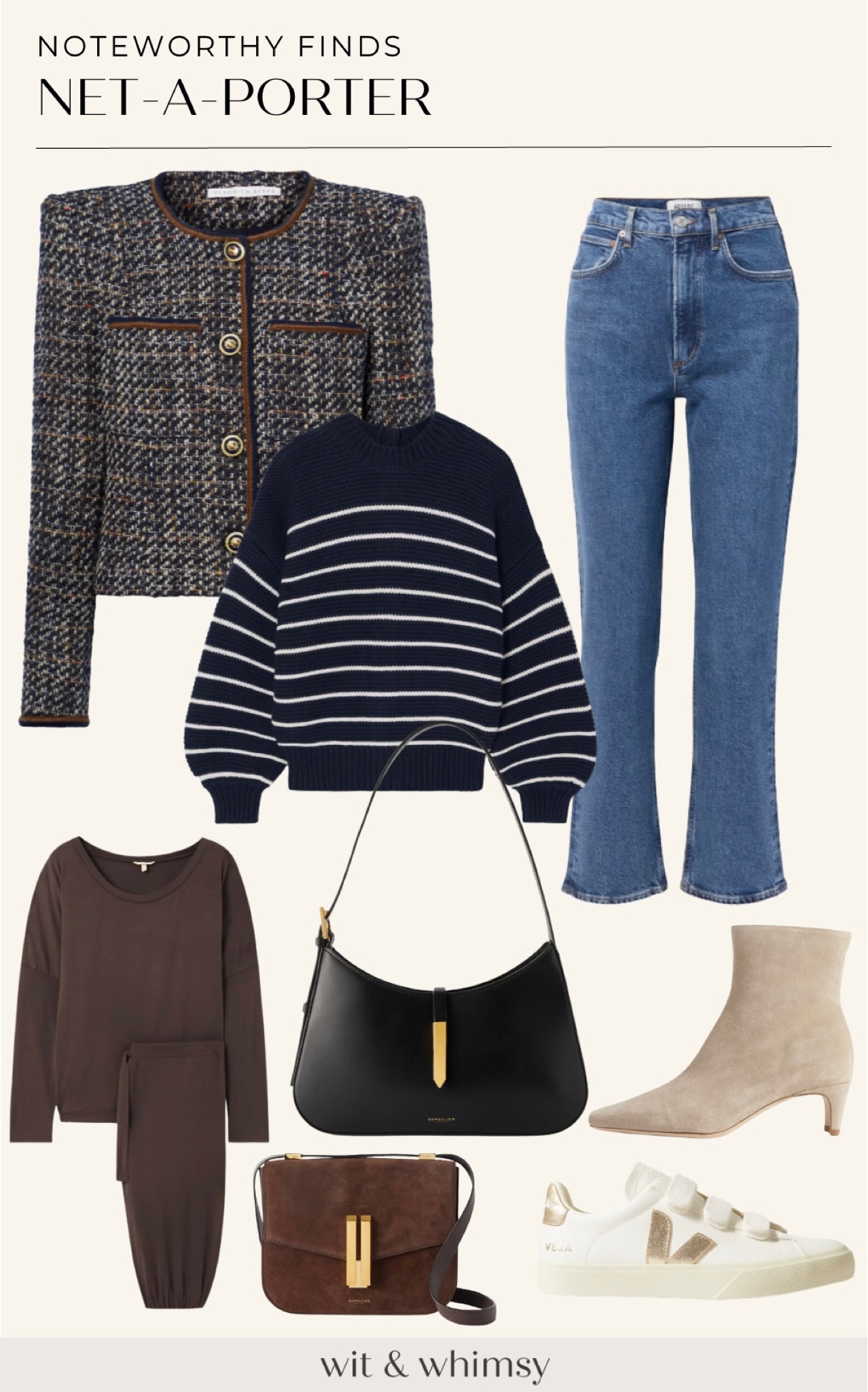 Noteworthy fashion finds from Net-a-Porter:
Veronica Beard tweed jacket 
Alex Mill striped sweater 
Agolde jeans 
DeMellier purse 
Staud suede booties 
Eberjay loungewear 

Fall outfit 
Fall style 

#LTKSeasonal