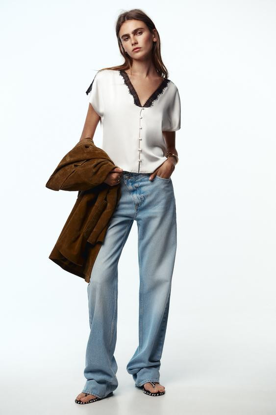 CONTRAST LACE SATIN EFFECT BLOUSE | Zara US