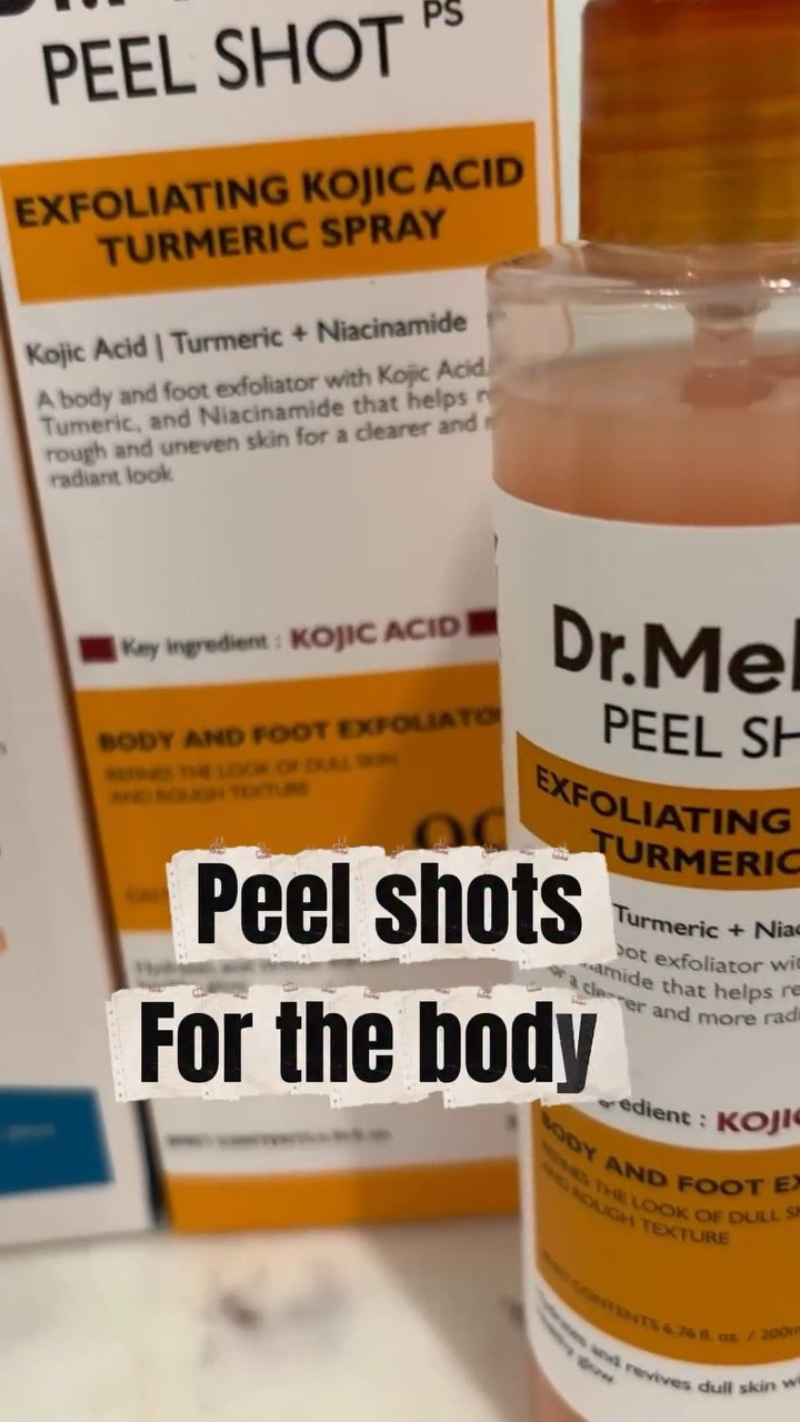 When you think of body exfoliation do you always think of a scrub?  I know I did but this is very different and yet are really more effective.
 Dr.melaxin_global & @dr.melaxin_influencers were kind enough to to send me these two products to try. 

Peel Shot Kojic Acid Turmeric Serum & Body Spray- First step 
⭐️ Targets Dark Spots + Hyperpigmentation
⭐️Gently Smooths Rough or Bumpy Texture
⭐️Antioxidant and anti-inflammatory care that soothes visible redness and comforts skin.

TX Peel Shot Body Exfoliating Spray - 2nd step 
⭐️ this one contains Tranexamic Acid & Niacinamide, Brightening Body Care for Uneven Skin Tone
⭐️ Use this after the first spray to get rid of uneven skin tone.
⭐️ added moisturizer ingredients to help hydrate skin 

#drmelaxin #drmelaxinpeelshot #exfoliateyourskin #kbeauty