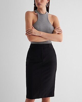 Express Women's Editor Studio Stretch Twill High Waisted Midi Pencil Skirt in Black 0 | Express