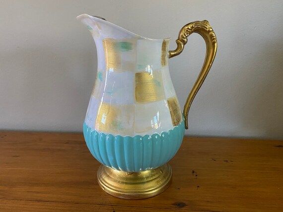 Vintage Teal With Gold and White Check Pitcher Vase  Hand | Etsy | Etsy (US)