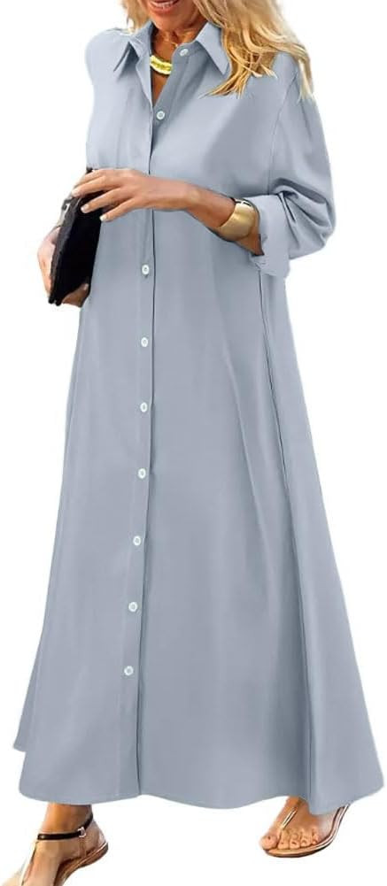 chouyatou Women's Casual Button Down Maxi Shirt Dress Long Sleeve Button Up Tunic Long Dress | Amazon (CA)