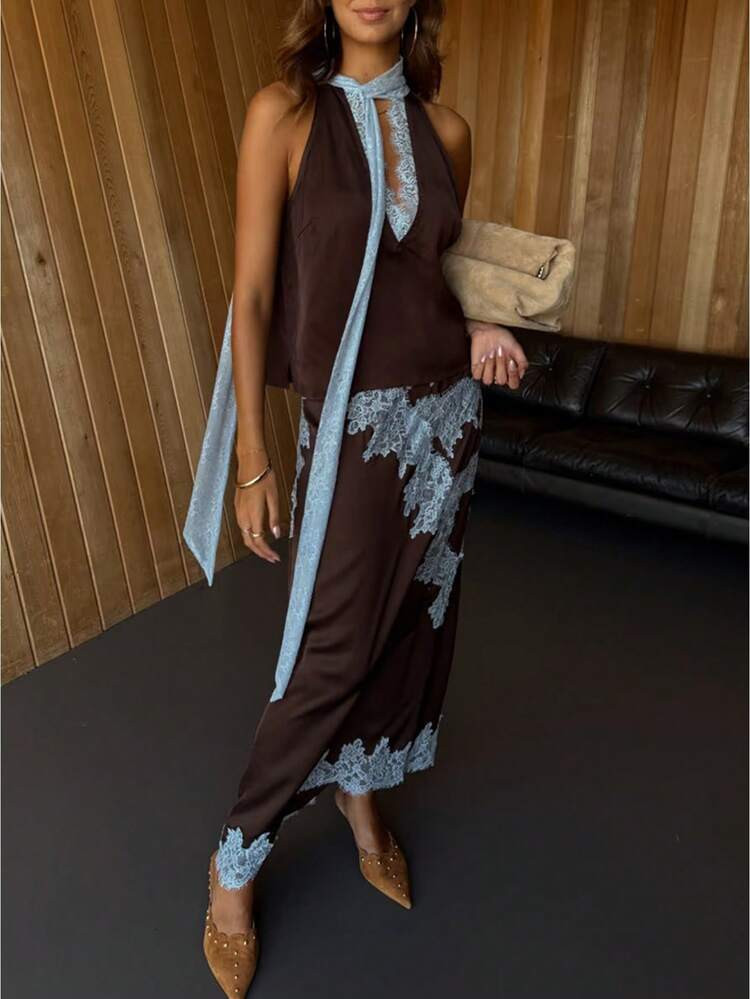 Women Y2K Satin Halter Lace Tie Tank Top Maxi Skirt Two Piece Set Vacation Going Out Outfit | SHEIN
