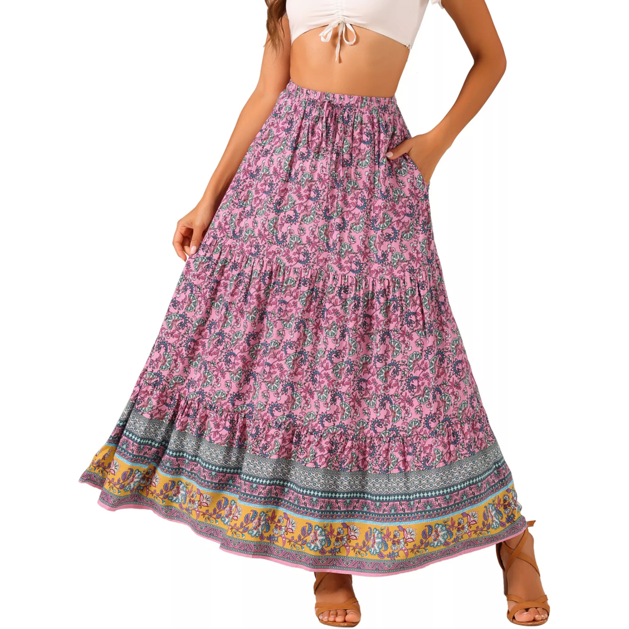 Women's Boho Skirt Casual Floral Printed Elastic Waist Maxi Skirts | Kohl's