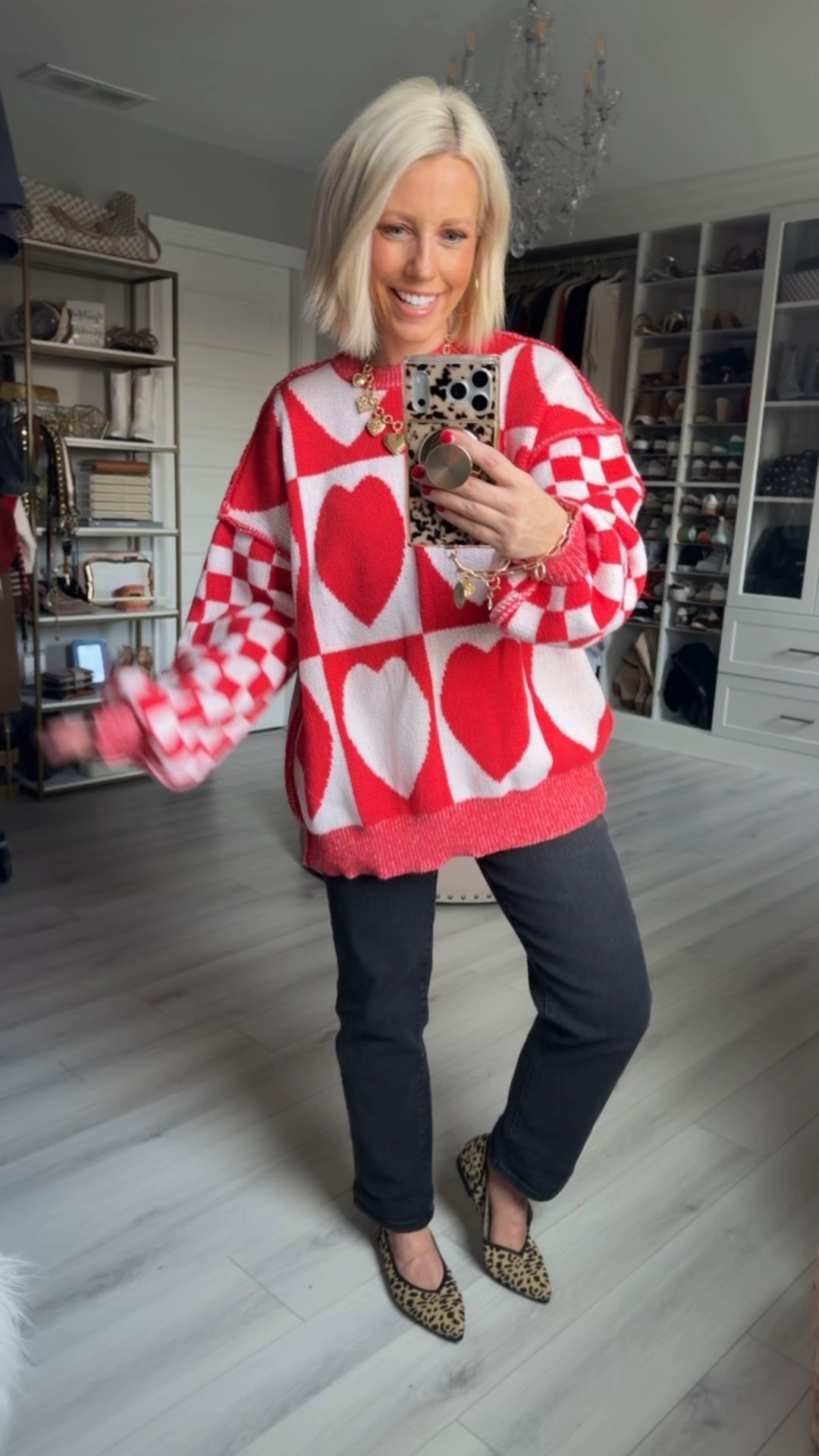 This may be the cutest Valentine’s Day sweater ever!!!!!! 
⬇️⬇️⬇️
Sweater size small (runs oversized)
Jeans sized down to a 2 (run big)
Shoes TTS

#LTKSaleAlert #LTKFindsUnder50 #LTKSeasonal