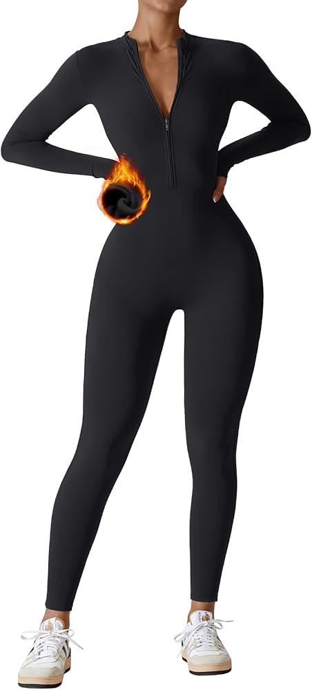 YEOREO Women Long Sleeve Workout Jumpsuit Zip Up Romper Bottom Pants Bodysuit Bodycon Sexy One Pi... | Amazon (US)