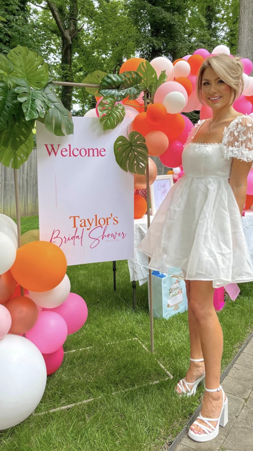 Bridal shower, summer party, puff sleeve dress, white platform sandals, bride, Last rendezvous, last rendez veuve, bridal shower theme,  before vows, dunkin, pink & orange, pink and orange, white dress, bridal, bride to be, balloon arch, diy bride, diy bridal shower, diy party decor, bridal shower decor, floral, fashion blogger, beauty blogger, 

#LTKstyletip #LTKbeauty #LTKwedding