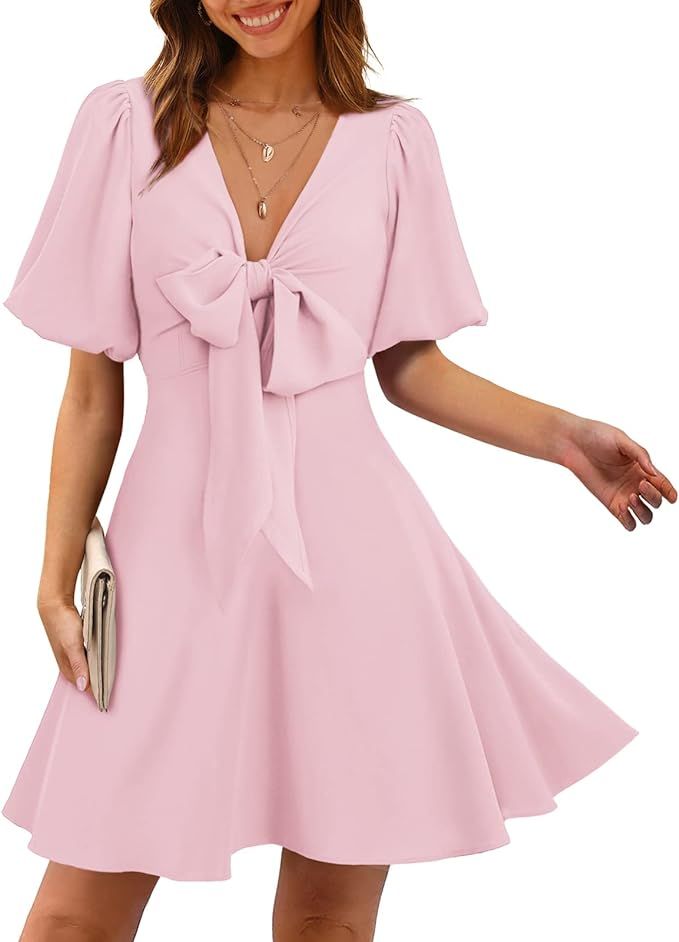 SAMPEEL Women's Knot Front Casual Dresses V Neck Short Puff Sleeve Mini Dress | Amazon (US)