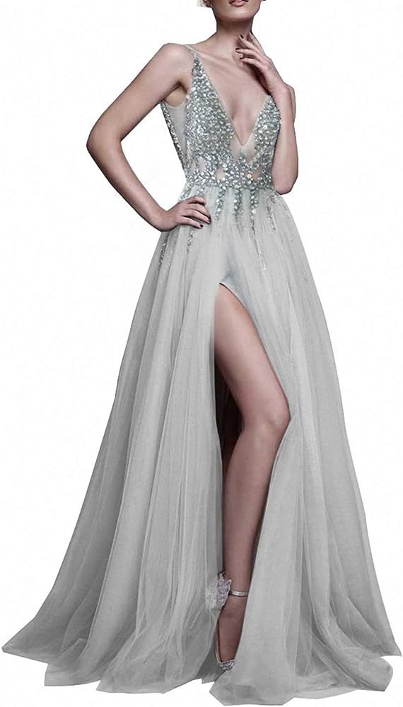 Prom Dresses Sexy Deep V Neck Sequins Beads Tulle and Lace High Split Long Evening Dresses Bridal We | Amazon (US)