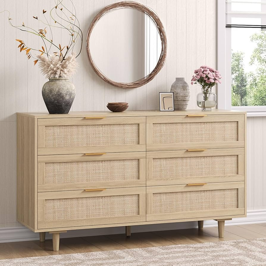 Angel Sar 51" Rattan Dresser for Bedroom, 6 Drawer Wide Dresser, Boho&Farmhouse Chest of Drawers,... | Amazon (US)