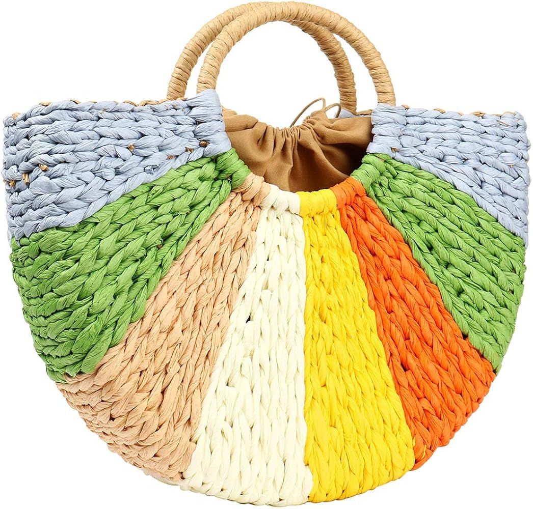 Summer Rattan Bag for Women Hand-woven Beach Top-handle Handbag Straw Rattan Tote Bags (Blue and gre | Amazon (US)