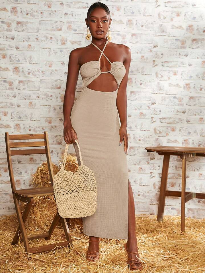 SHEINNeu Cut Out Crisscross Tie Backless Split Thigh Halter Neck Dress | SHEIN