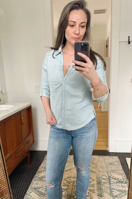Three-Quarter Sleeve Chambray Shirt. 70% off now! I’ve linked in from 3 different stores in case they are out of your size! 
I’m 122lbs, 5’ 2 wearing a size 2

#LTKSpringSale #LTKover40 #LTKstyletip