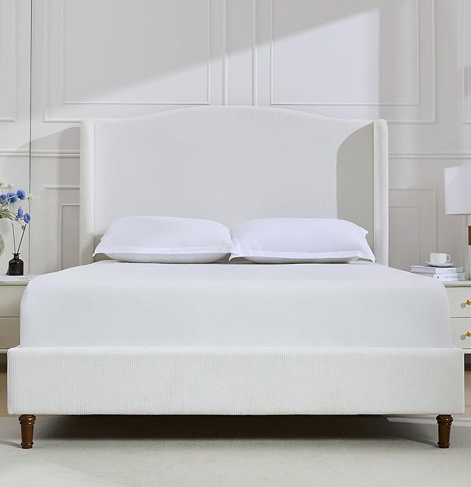 Upholstered Wingback Bed Frame with 54" High Headboard, Luxury Chenille, No Box Spring, Noise-Fre... | Amazon (US)