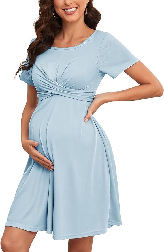 2024 Summer Maternity Dress Criss Cross Self Tie Short Sleeves A-line Mini Baby Shower Casual Pre... | Amazon (US)