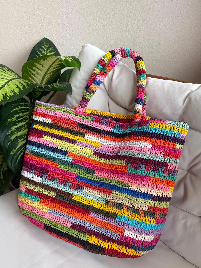 Colorful Crochet Tote Bag- Multicolor Raffia Bag- Patchwork Crochet Bag -  Unique Summer Beach Ba... | Etsy (Global)